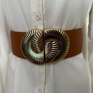 Brown PU leather elastic waistband belt with gold tone buckle